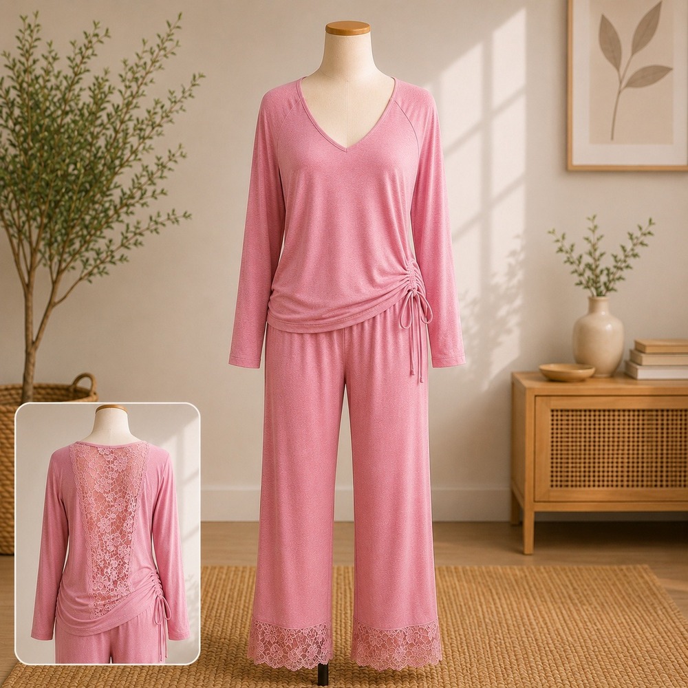NWT Cupshe Pajama Set Womens L Pink Lace Back Top Wide Leg Pants Loungewear